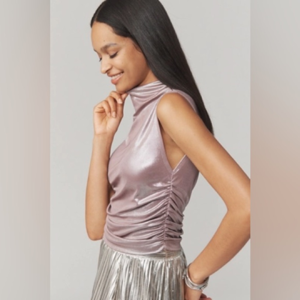 ANTHROPOLOGIE - Maeve Mock-Neck Ruched Shine Tank in Mauve (XXS)